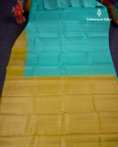 Beautiful Sapphire Blue Pure Kanjivaram Silk Saree With Contrast Manthulir Yellow Fancy One Side Border