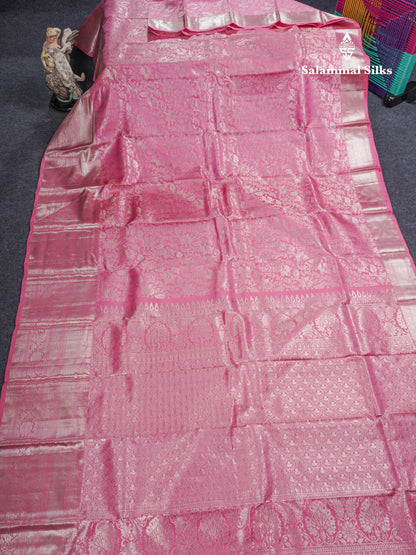 Light Pink Grand Beautiful Bridal Pure Kanjivaram Silk Saree With Silver Zari Evening Morning Border
