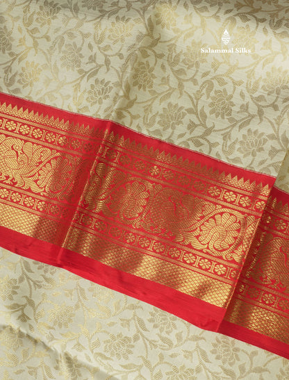 Bridal Korvai White Pure Kanjivaram Silk Saree (2G) Zari With Contrast Long Chilly Red Traditional Border