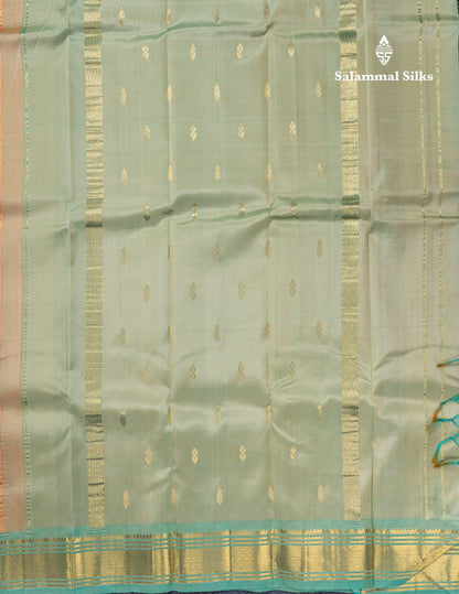 Light Peach Pure Kanjivaram Silk Saree With Contrast Light Rexona One Side Traditional Border