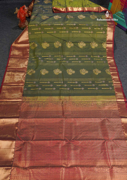 Semi Silk Saree - Olive Green Colour Body With Contrast Maroon Evening Morning Border 