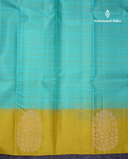Beautiful Sapphire Blue Pure Kanjivaram Silk Saree With Contrast Manthulir Yellow Fancy One Side Border