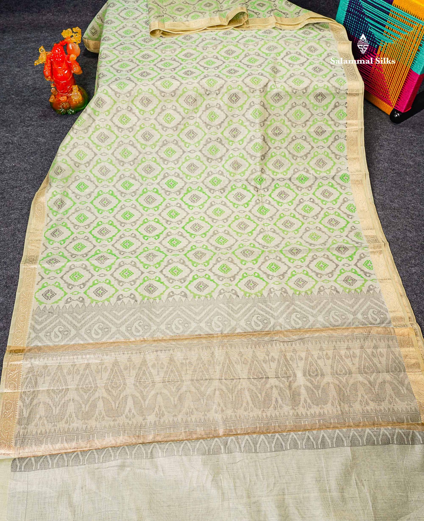Cotton Mix Saree -  Light Pista Green Vaira Oosi Lines  Along With Fancy Border