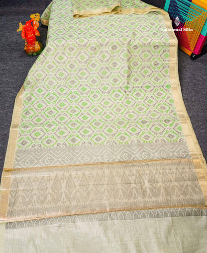 Cotton Mix Saree -  Light Pista Green Vaira Oosi Lines  Along With Fancy Border