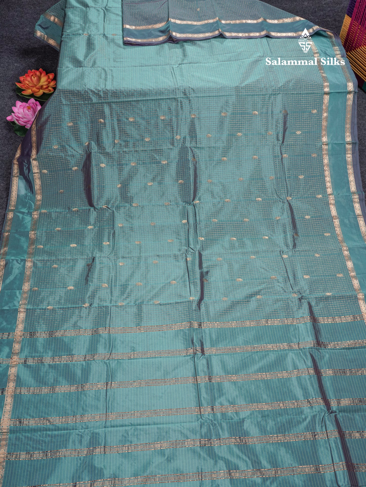 Light Weight Semi Silk Saree - Brown Checks With Butta With Traditional Rettapet Border