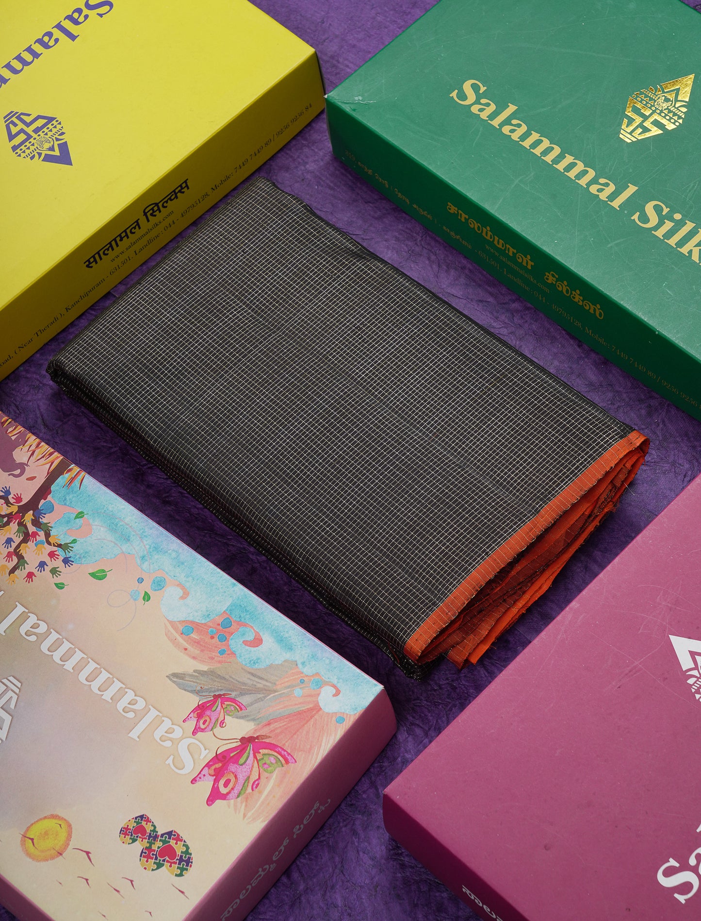 Beautiful Black Vaira Oosi Tiny Checks Pure Kanjivaram Silk Saree With Contrast Orange Blouse