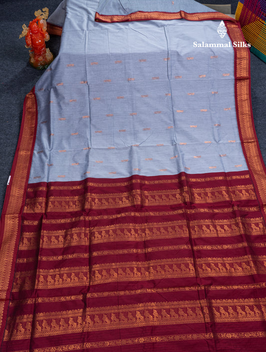 Blueish Grey Kalyani Cotton Saree With Contrast Dark Maroon Blouse