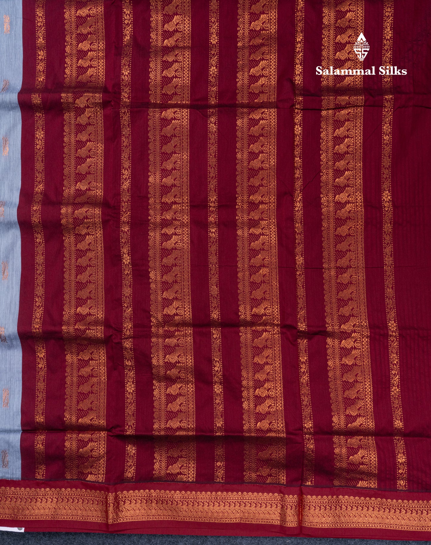 Blueish Grey Kalyani Cotton Saree With Contrast Dark Maroon Blouse
