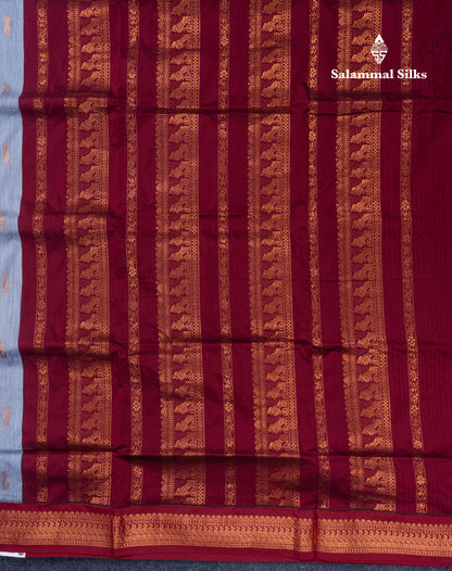 Blueish Grey Kalyani Cotton Saree With Contrast Dark Maroon Blouse