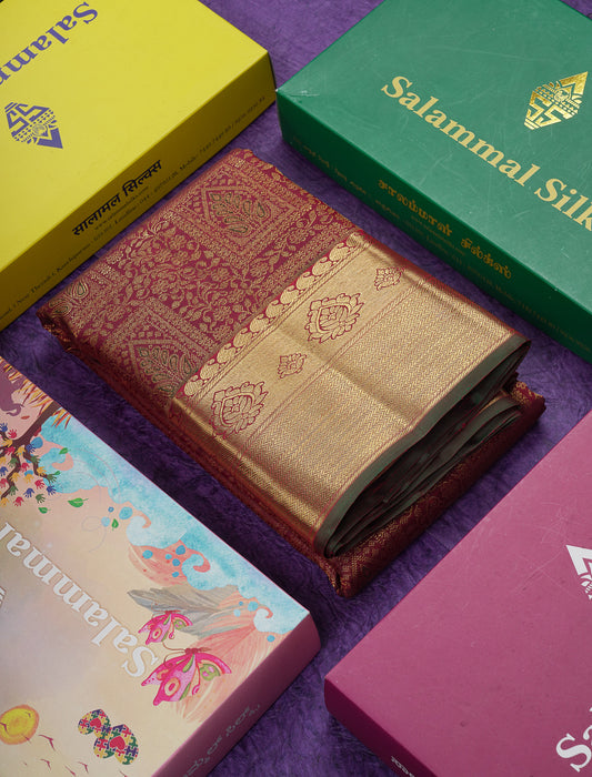 Beautiful Dark Maroon Menakari Work Bridal 2G Pure Kanjivaram Silk Saree With Traditional Border