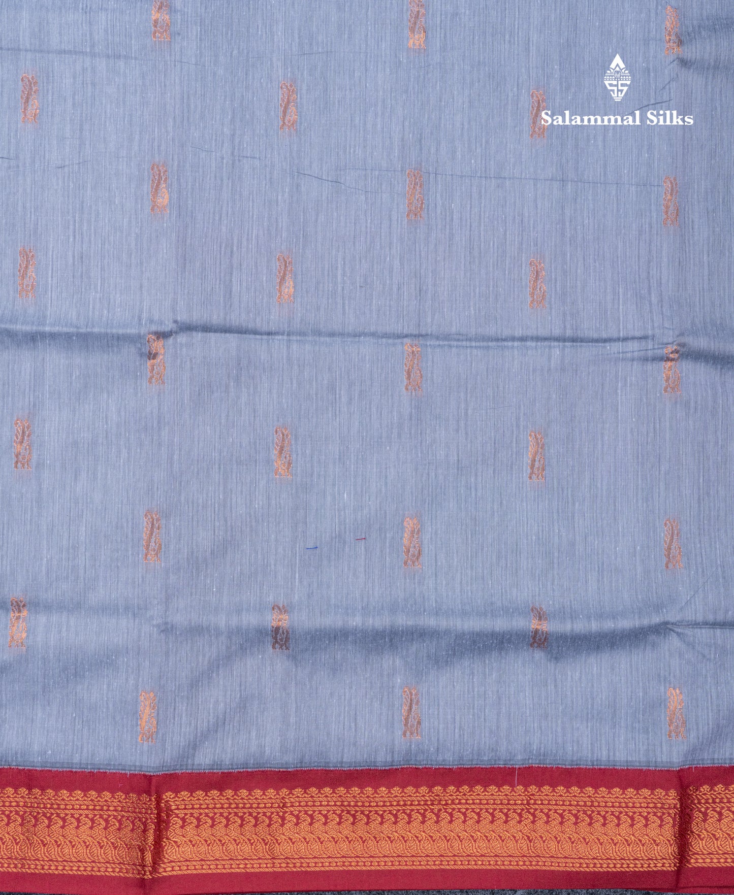 Blueish Grey Kalyani Cotton Saree With Contrast Dark Maroon Blouse