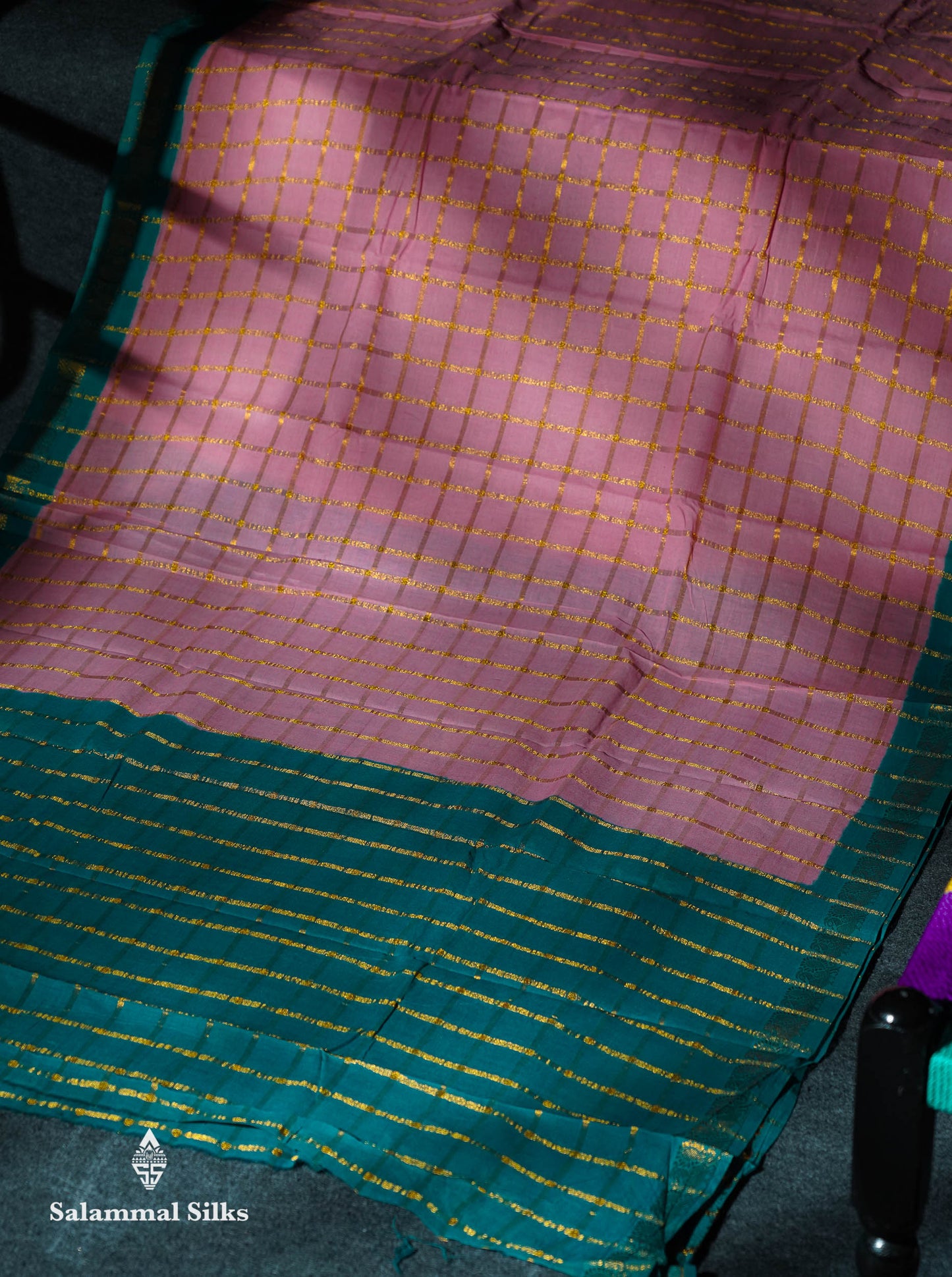 Beautiful Orange Zari Checks Sungudi Cotton Saree With Contrast Sea Blue Traditional Border
