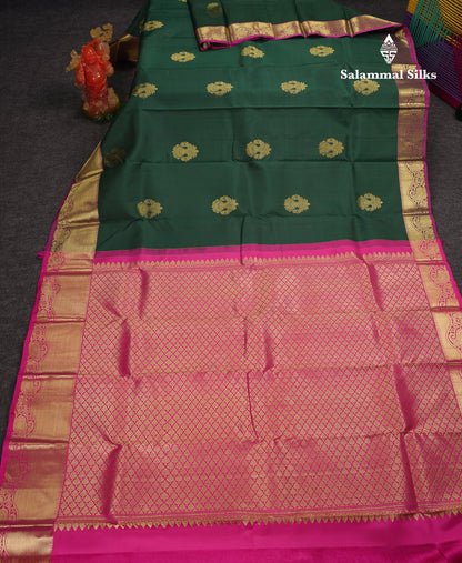 Beautiful Bottle Green Pure Kanjivaram Silk Saree With Contrast Magenta Pink Traditional Evening Morning Border