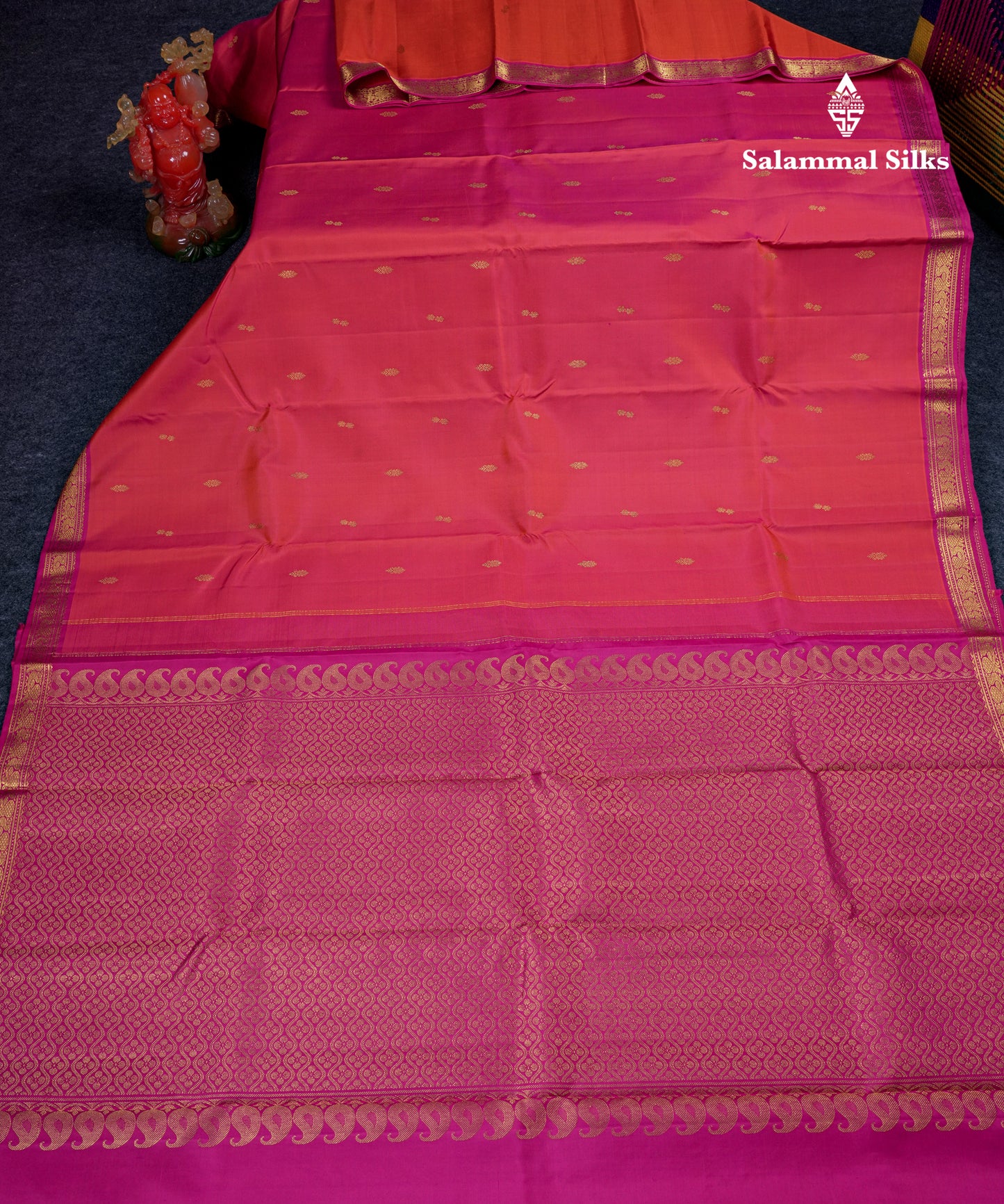 Beautiful Dual Tone Pinkish Orange Pure Kanjivaram Silk Saree With Contrast Magenta Pink Traditional Small Border