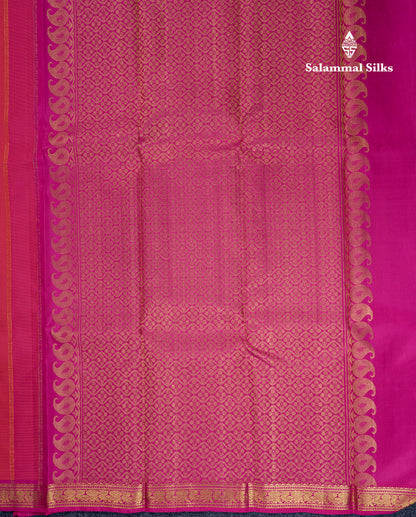 Beautiful Dual Tone Pinkish Orange Pure Kanjivaram Silk Saree With Contrast Magenta Pink Traditional Small Border