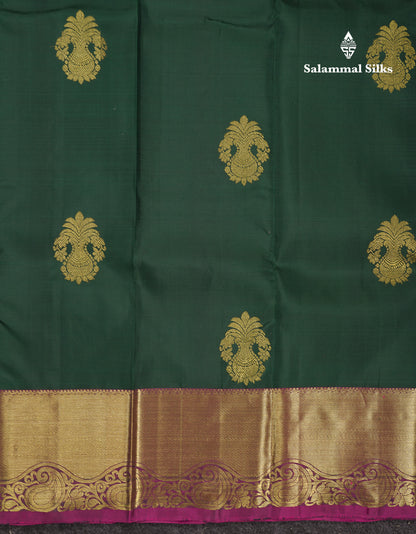 Beautiful Bottle Green Pure Kanjivaram Silk Saree With Contrast Magenta Pink Traditional Evening Morning Border