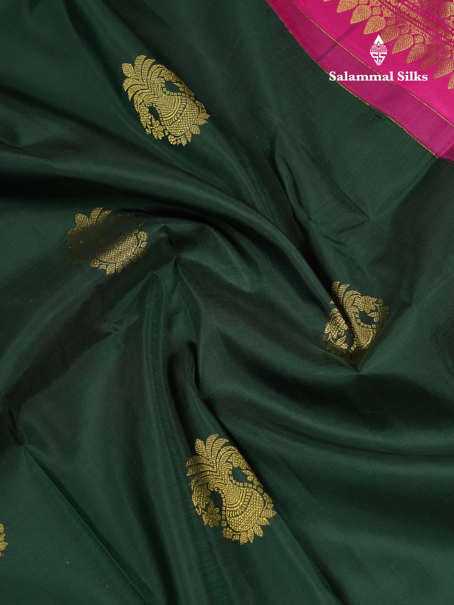 Beautiful Bottle Green Pure Kanjivaram Silk Saree With Contrast Magenta Pink Traditional Evening Morning Border