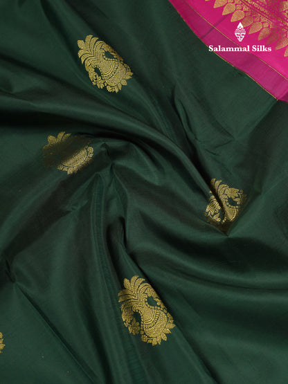 Beautiful Bottle Green Pure Kanjivaram Silk Saree With Contrast Magenta Pink Traditional Evening Morning Border