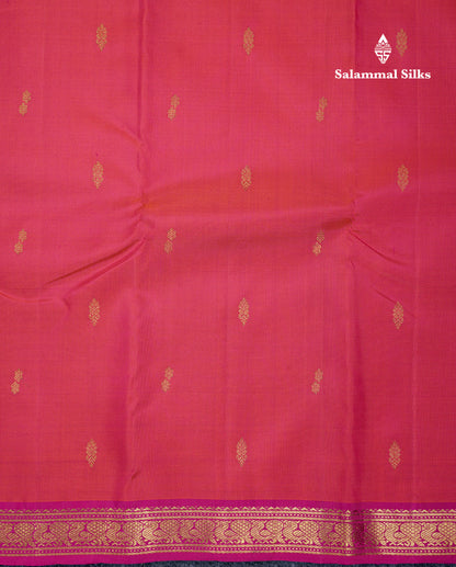 Beautiful Dual Tone Pinkish Orange Pure Kanjivaram Silk Saree With Contrast Magenta Pink Traditional Small Border
