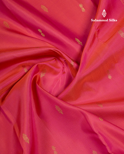 Beautiful Dual Tone Pinkish Orange Pure Kanjivaram Silk Saree With Contrast Magenta Pink Traditional Small Border