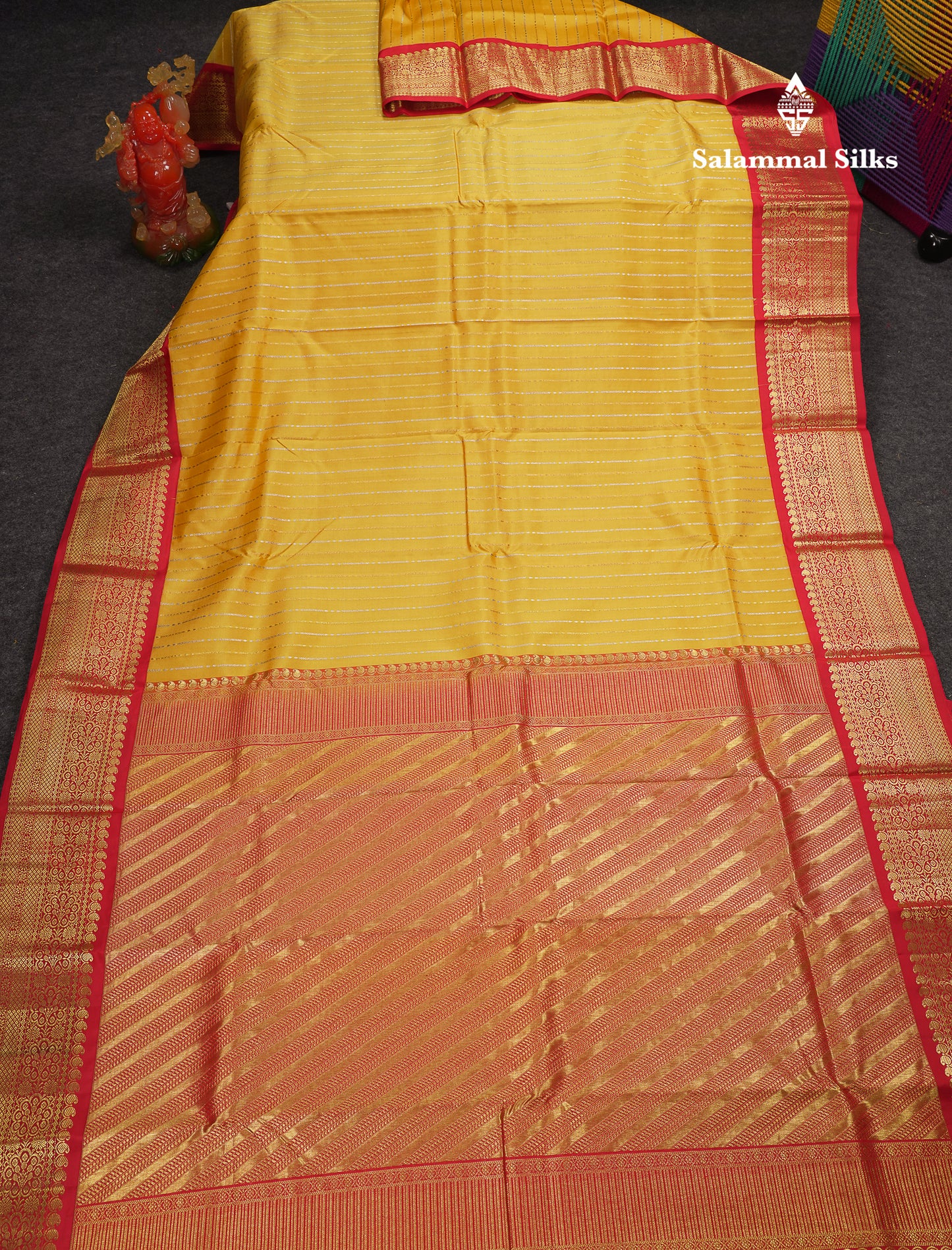 Beautiful Yellow Gold & Silver Lines Pure Kanjivaram Silk Saree With Contrast Red Traditional Border