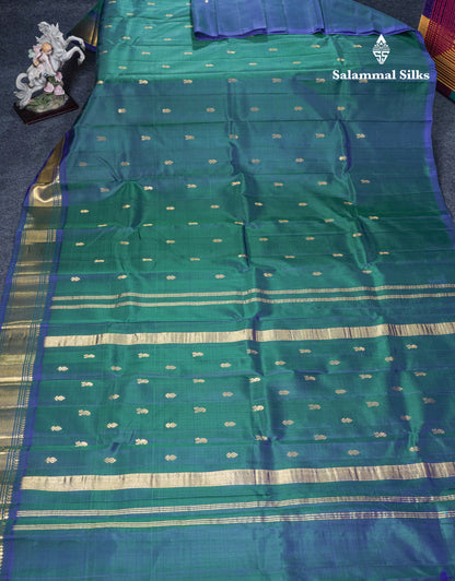 Dual Tone Peacock Green Pure Kanjivaram Silk Saree With Blue One Side Border