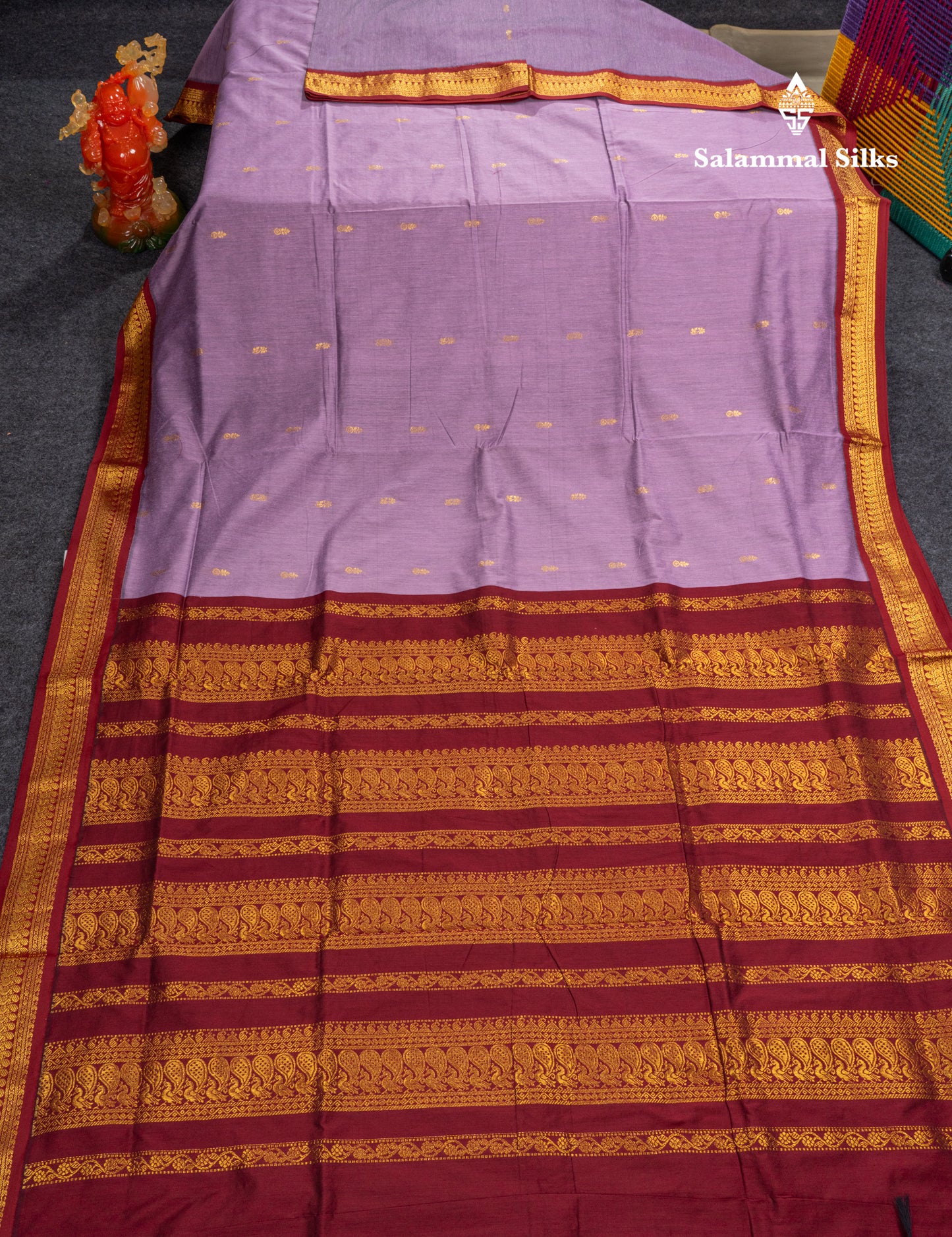 Lavender Kalyani Cotton Saree With Contrast Dark Maroon Blouse