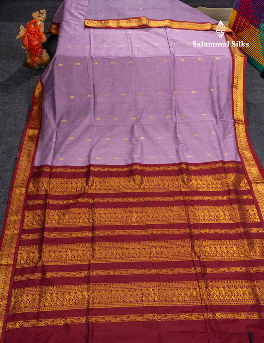 Lavender Kalyani Cotton Saree With Contrast Dark Maroon Blouse