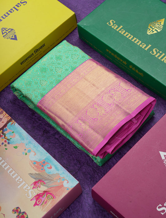 Beautiful Rexona Green Bridal 2G Pure Kanjivaram Silk Saree With Contrast Pink Traditional Evening Morning Border