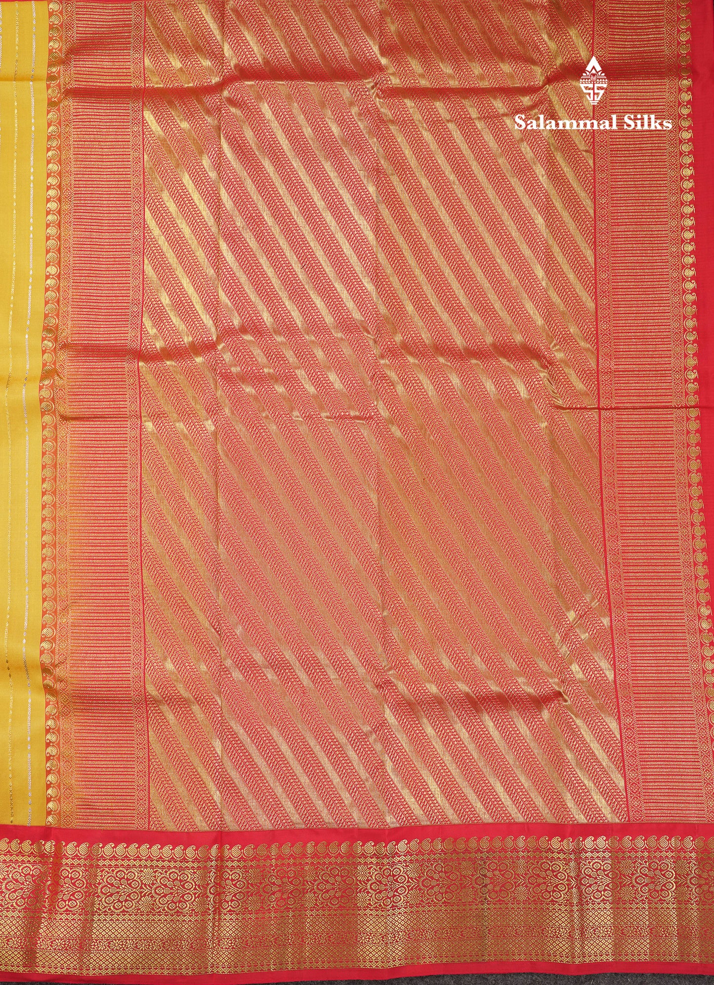 Beautiful Yellow Gold & Silver Lines Pure Kanjivaram Silk Saree With Contrast Red Traditional Border