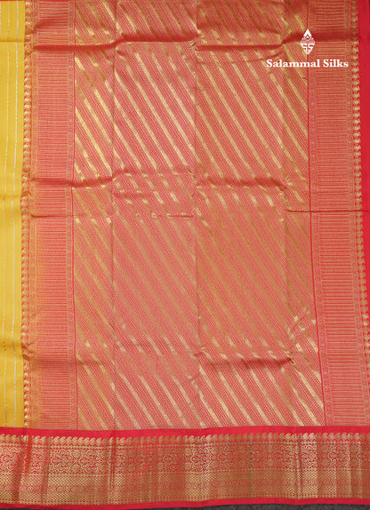 Beautiful Yellow Gold & Silver Lines Pure Kanjivaram Silk Saree With Contrast Red Traditional Border