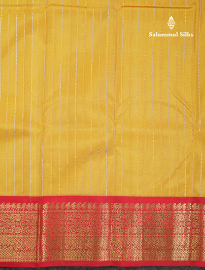 Beautiful Yellow Gold & Silver Lines Pure Kanjivaram Silk Saree With Contrast Red Traditional Border