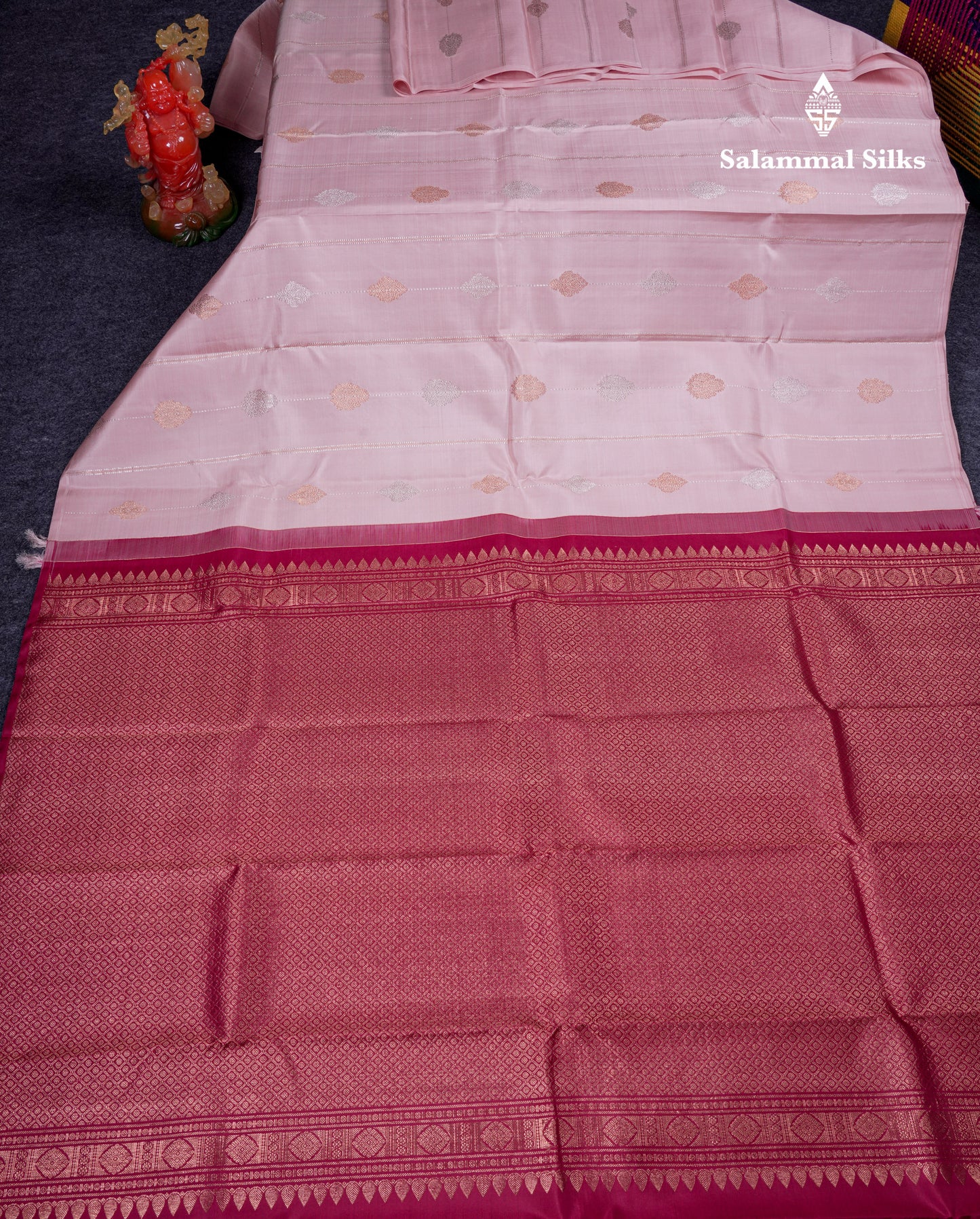 Beautiful Light Peach Fancy Pure Kanjivaram Silk Saree With Contrast Dark Maroon Blouse