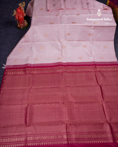 Beautiful Light Peach Fancy Pure Kanjivaram Silk Saree With Contrast Dark Maroon Blouse