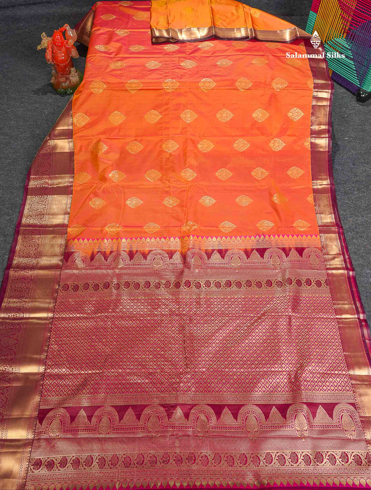 Semi Silk Saree - Orange Colour Body With Contrast Magenta Traditional Evening Morning Border