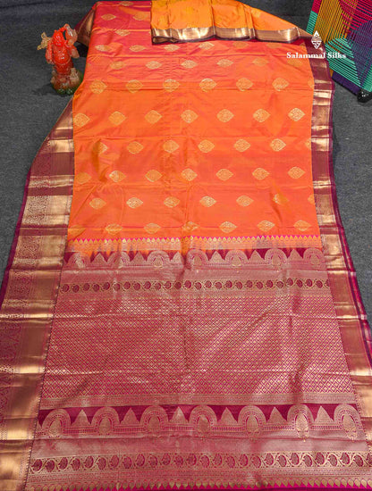 Semi Silk Saree - Orange Colour Body With Contrast Magenta Traditional Evening Morning Border
