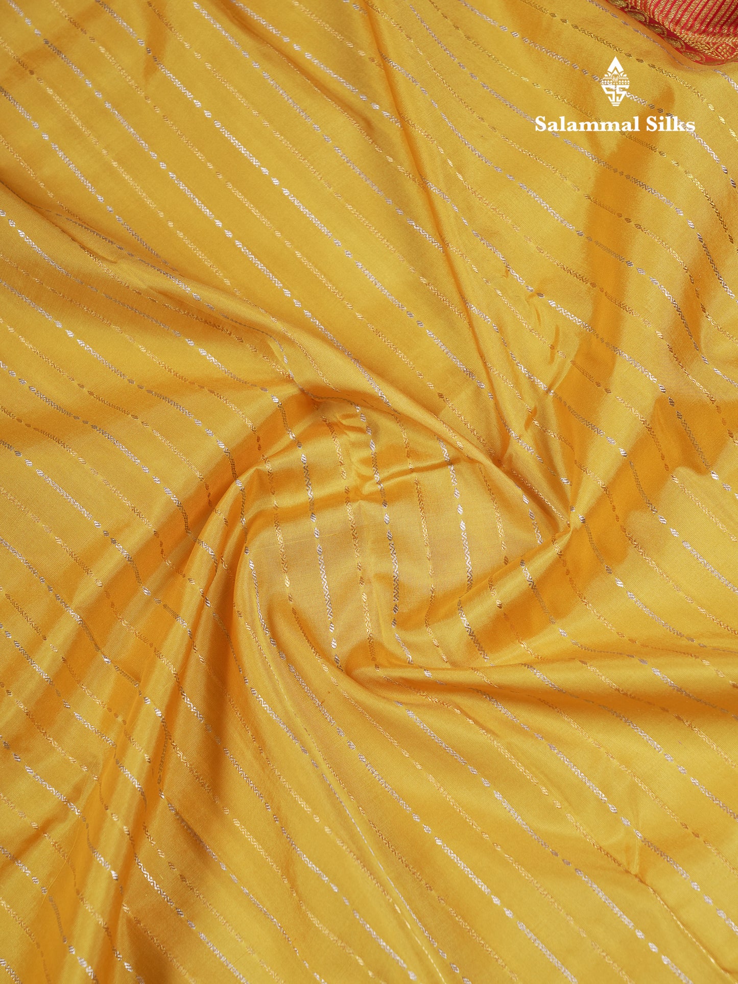 Beautiful Yellow Gold & Silver Lines Pure Kanjivaram Silk Saree With Contrast Red Traditional Border