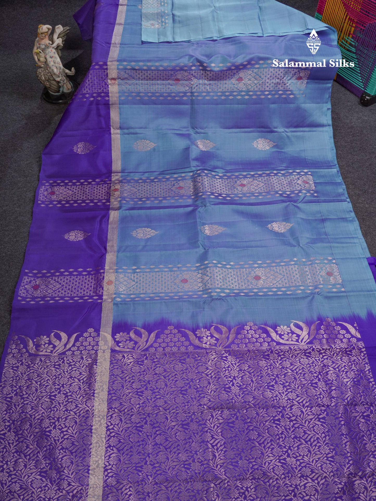 Dual Tone Blue Puremix Silk Saree With Contrast Royal Blue One Side Long Border
