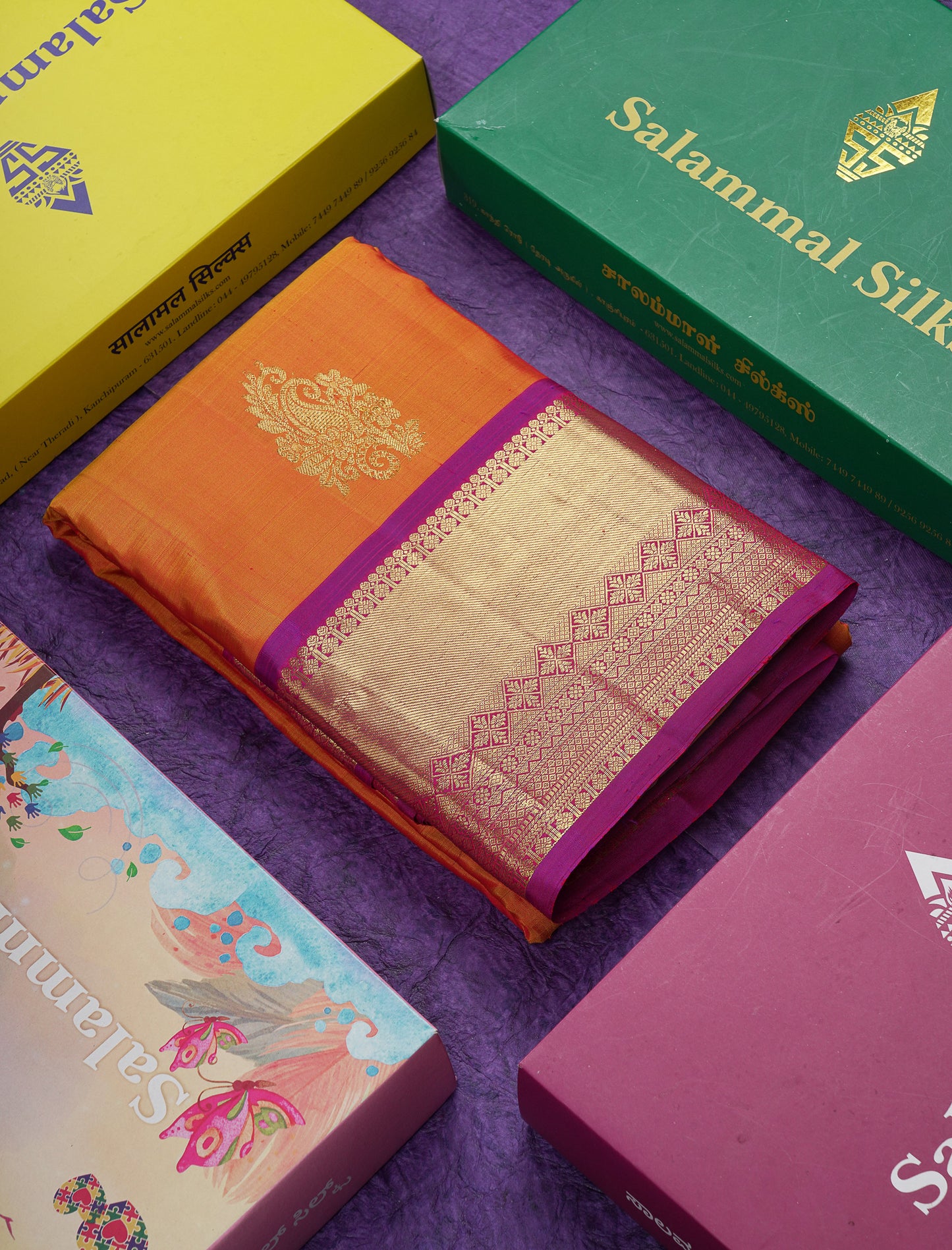 Beautiful Orange Pure Kanjivaram Silk Saree With Contrast Magenta Traditional Evening Morning Border