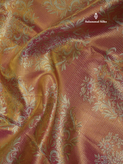 Dual Tone Pinkish Orange Tissue Bridal Pure Kanjivaram Silk Saree With Contrast Half White Border