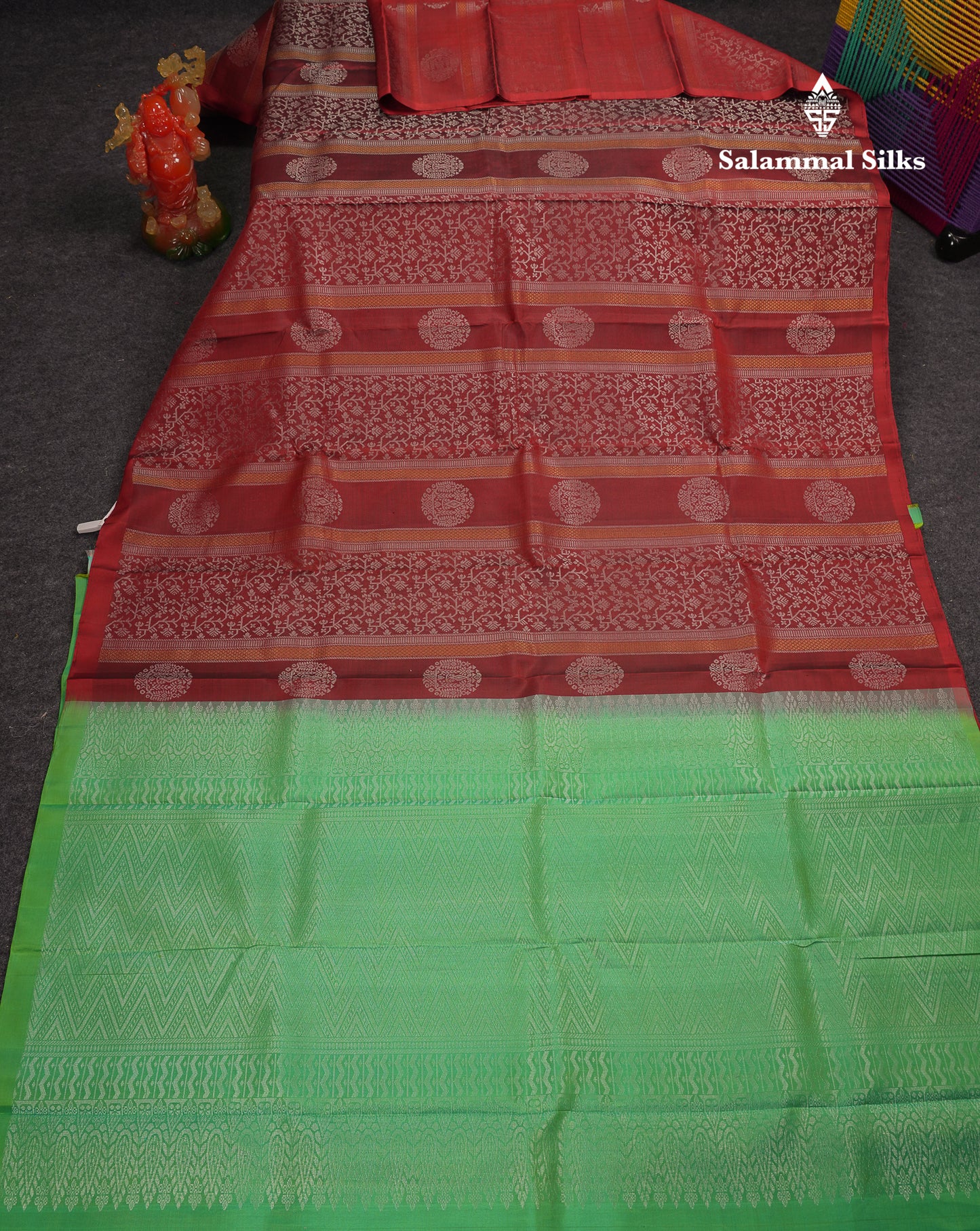 Beautiful Dark Maroon Fancy Pure Kanjivaram Silk Saree With Contrast Rexona Green Blouse