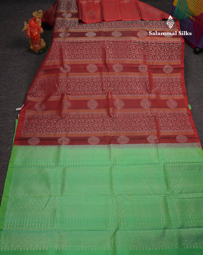 Beautiful Dark Maroon Fancy Pure Kanjivaram Silk Saree With Contrast Rexona Green Blouse