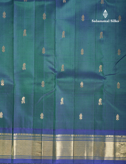 Dual Tone Peacock Green Pure Kanjivaram Silk Saree With Blue One Side Border