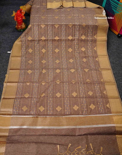 Linen Cotton Mix Saree - Brown Gold & Silver Zari Lines Along With Traditional Border