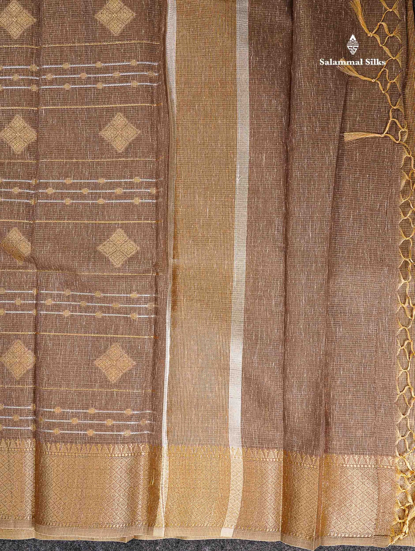 Linen Cotton Mix Saree - Brown Gold & Silver Zari Lines Along With Traditional Border