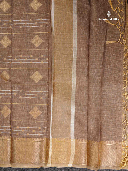 Linen Cotton Mix Saree - Brown Gold & Silver Zari Lines Along With Traditional Border