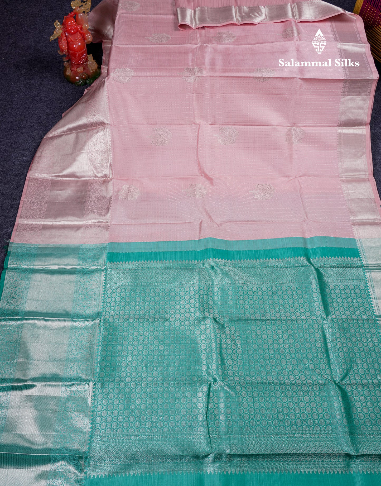 Beautiful Baby Pink Pure Kanjivaram Silk Saree With Contrast Sapphire Green Blouse