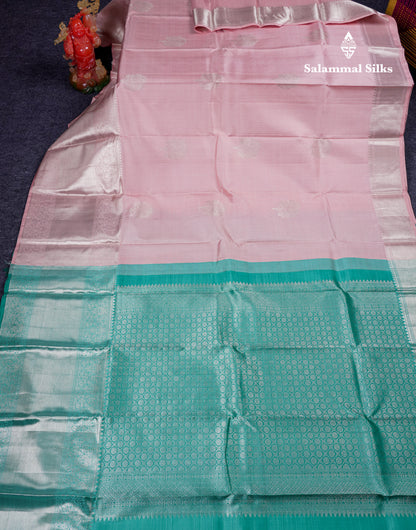 Beautiful Baby Pink Pure Kanjivaram Silk Saree With Contrast Sapphire Green Blouse