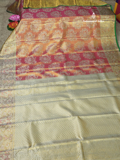 Dual Tone Pinkish Orange Tissue Bridal Pure Kanjivaram Silk Saree With Contrast Half White Border