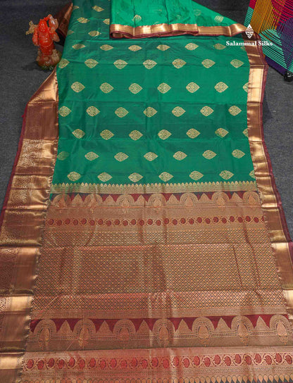 Semi Silk Saree - Green Colour Body With Contrast Maroon Traditional Evening Morning Border